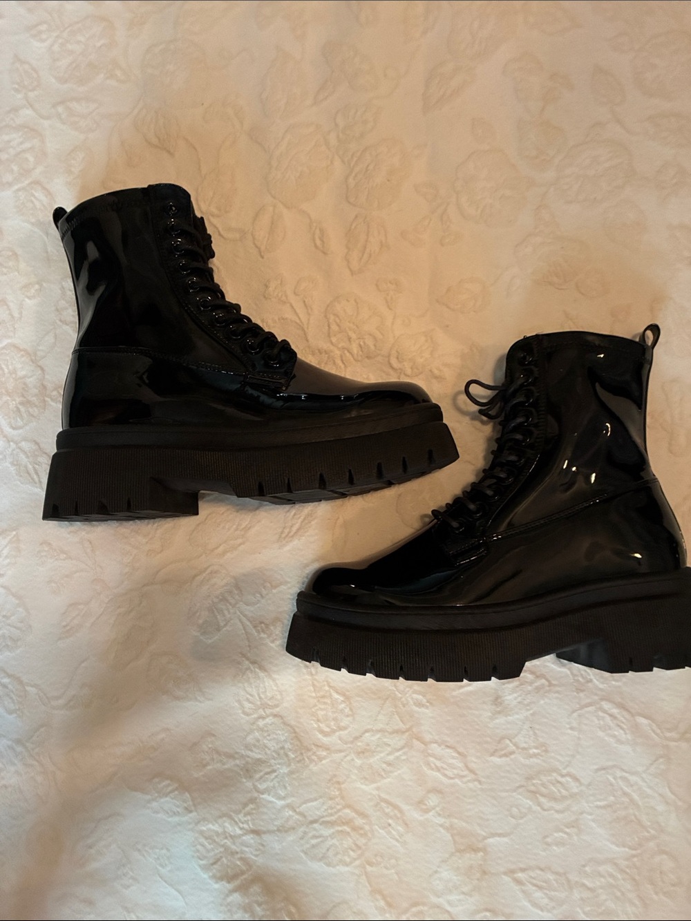 Wild Diva Black Patent Platform Combat Boots - Women